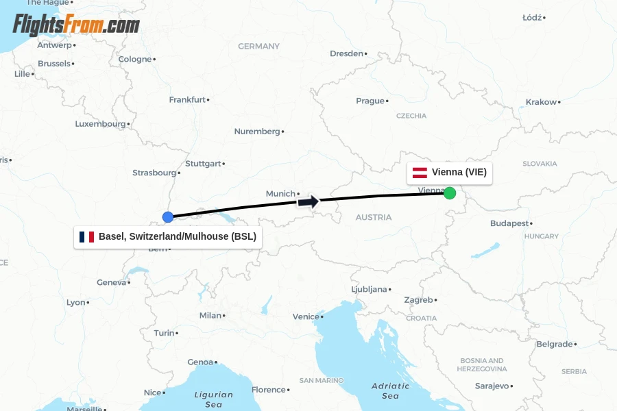 Flights from Basel, Switzerland/Mulhouse to Vienna route map