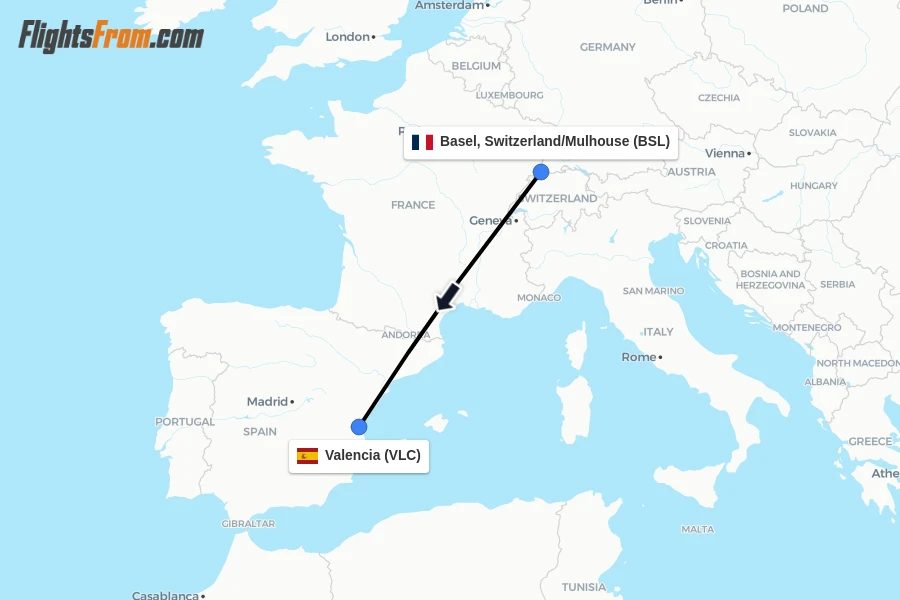 Flights from Basel, Switzerland/Mulhouse to Valencia route map