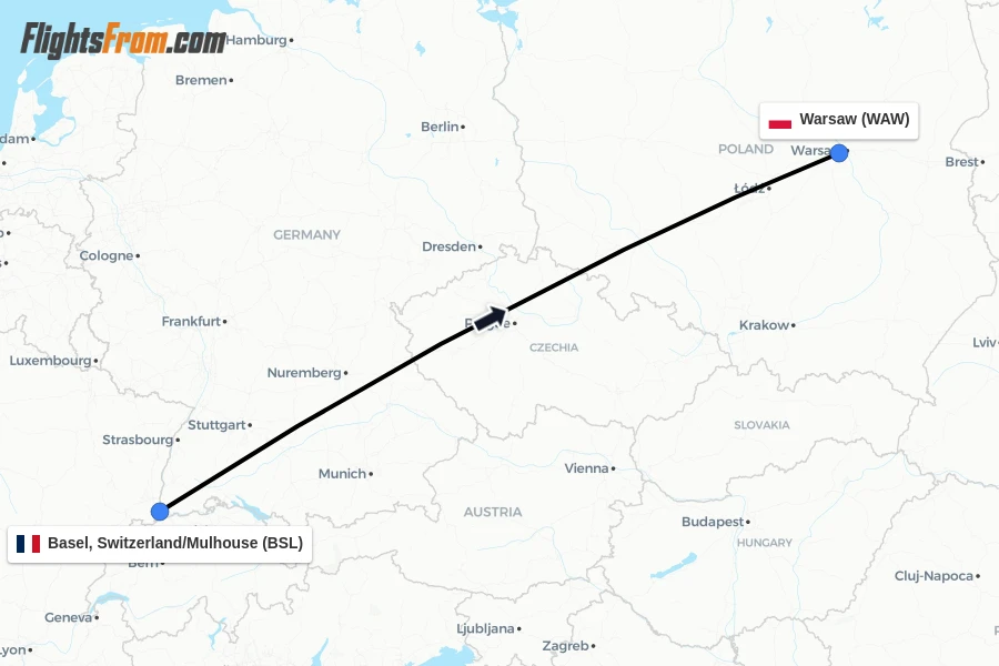 Flights from Basel, Switzerland/Mulhouse to Warsaw route map