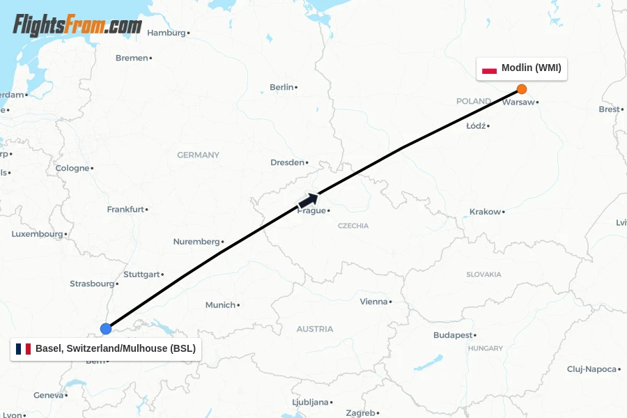 Flights from Basel, Switzerland/Mulhouse to Modlin route map