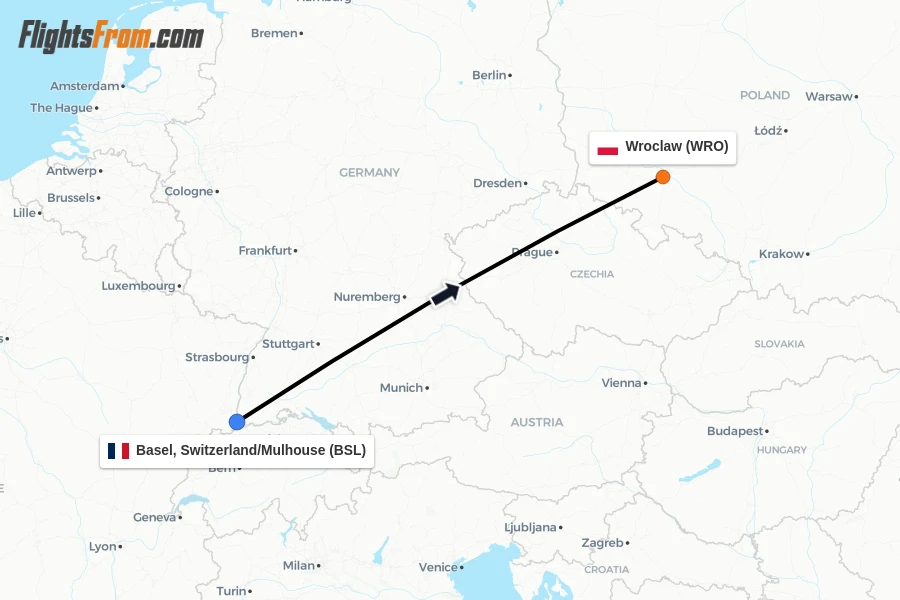 Flights from Basel, Switzerland/Mulhouse to Wroclaw route map