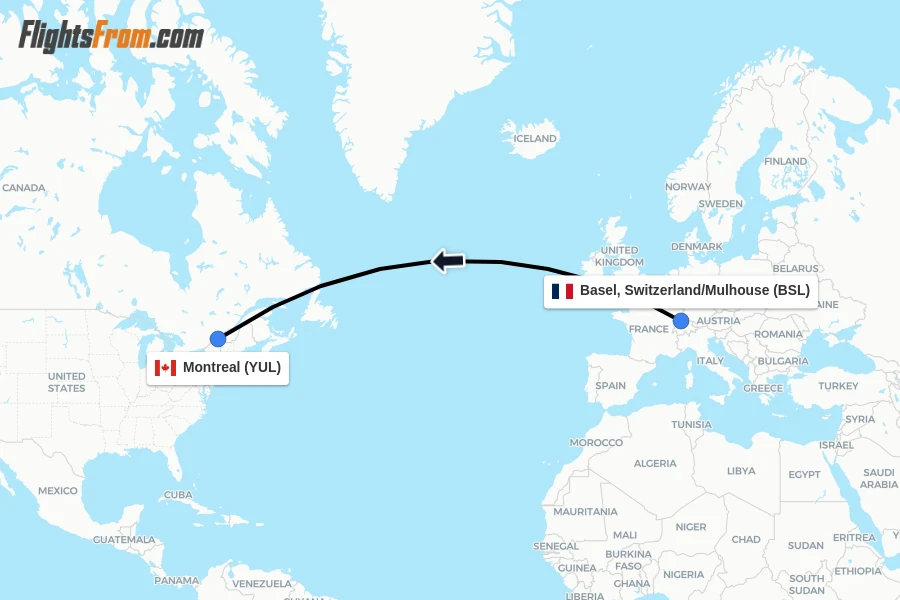 Flights from Basel, Switzerland/Mulhouse to Montreal route map