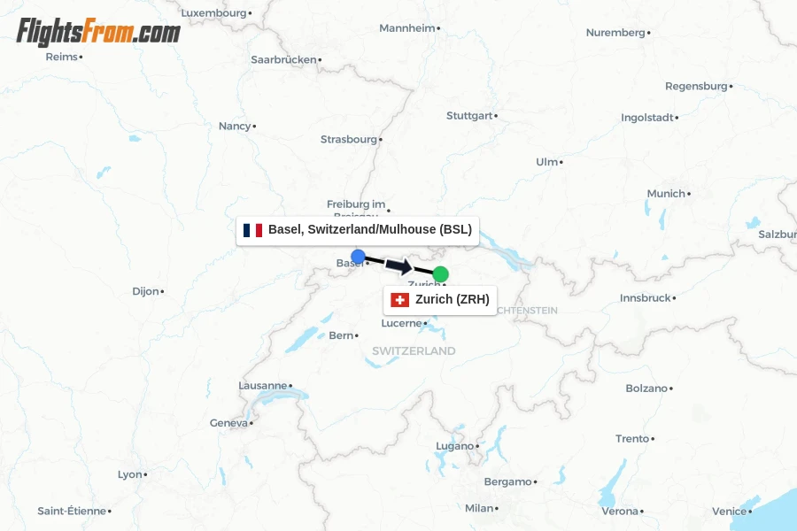 Flights from Basel, Switzerland/Mulhouse to Zurich route map