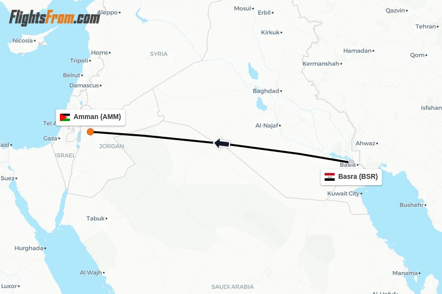 Flights from Basra to Amman route map