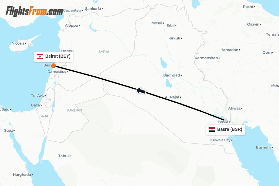 Flights from Basra to Beirut route map