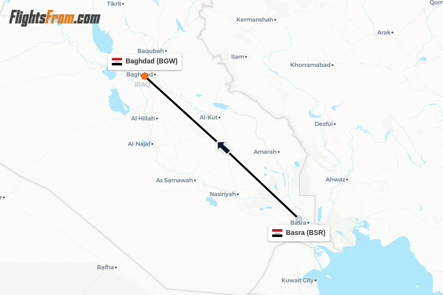 Flights from Basra to Baghdad route map