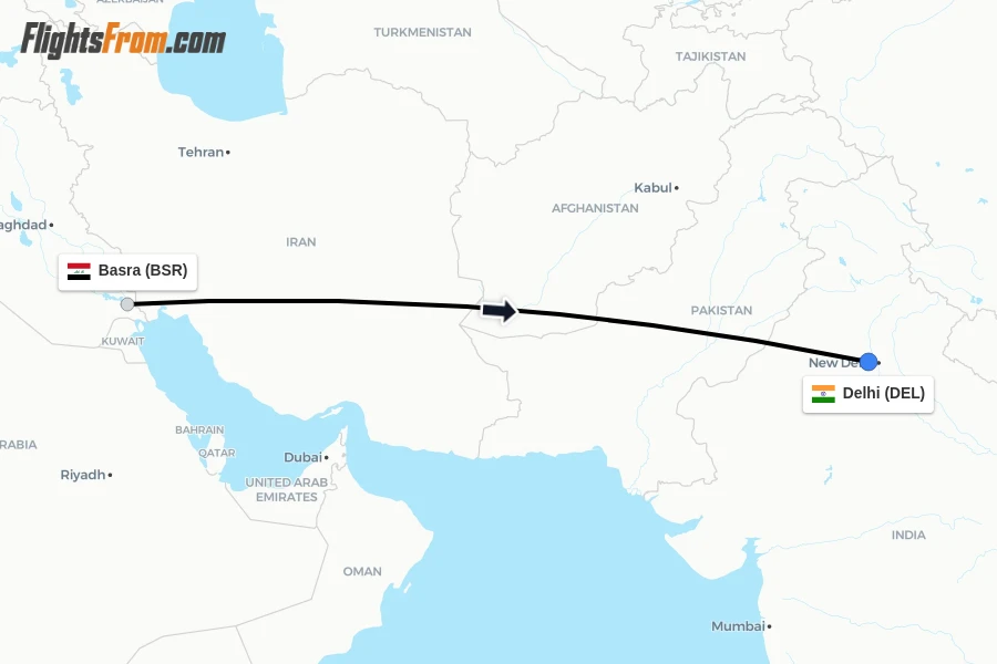 Flights from Basra to Delhi route map