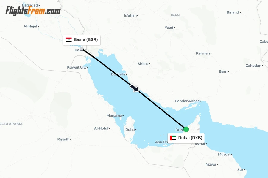 Flights from Basra to Dubai route map