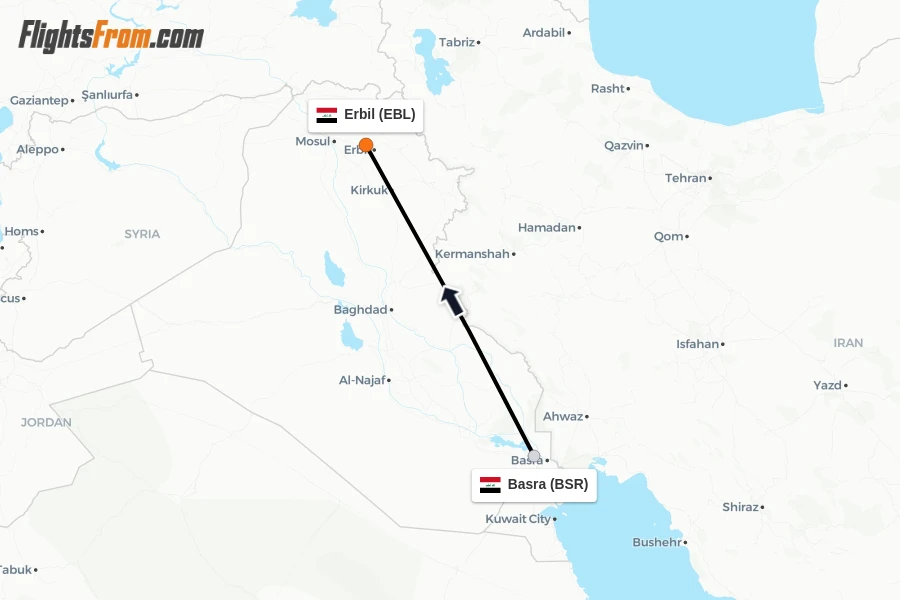Flights from Basra to Erbil route map