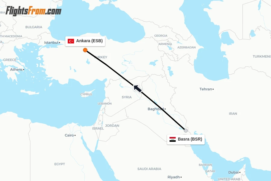 Flights from Basra to Ankara route map