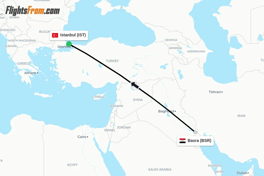 Flights from Basra to Istanbul route map