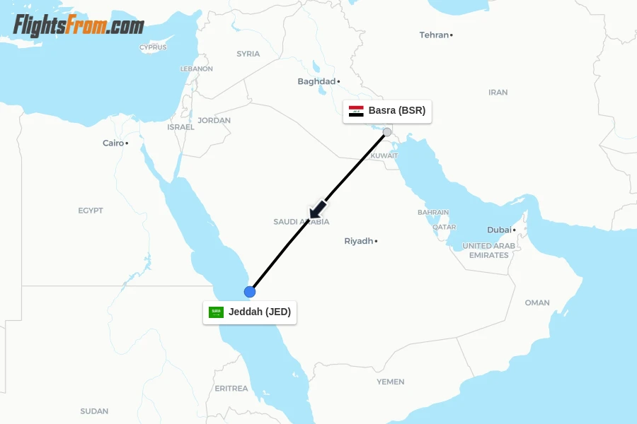 Flights from Basra to Jeddah route map