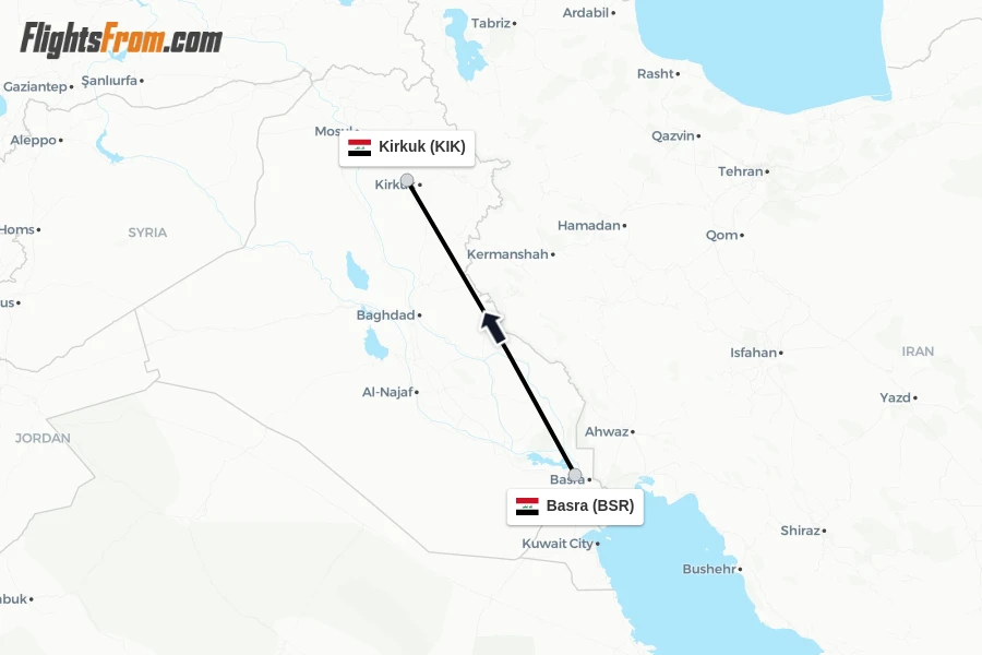 Flights from Basra to Kirkuk route map