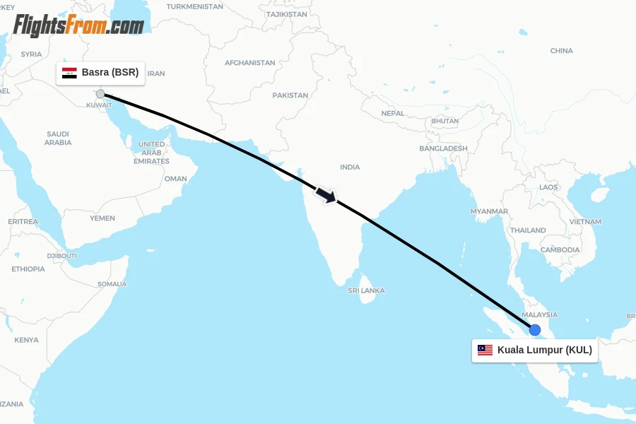 Flights from Basra to Kuala Lumpur route map