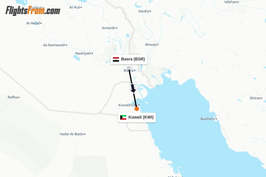 Flights from Basra to Kuwait route map