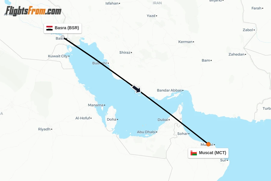Flights from Basra to Muscat route map