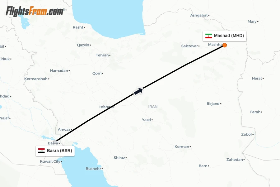 Flights from Basra to Mashad route map