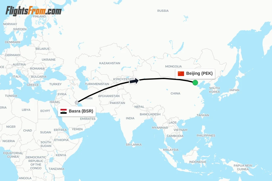 Flights from Basra to Beijing route map