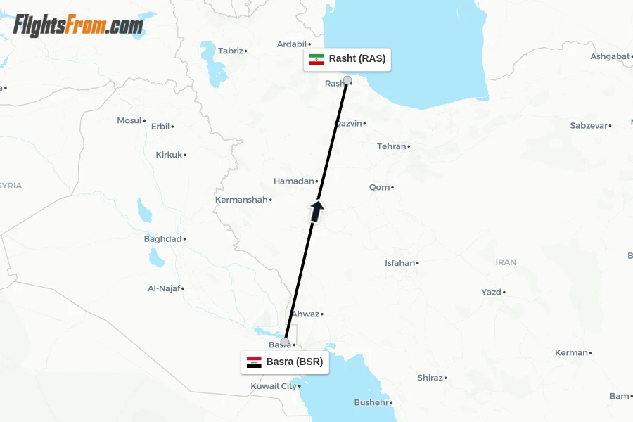 Flights from Basra to Rasht route map