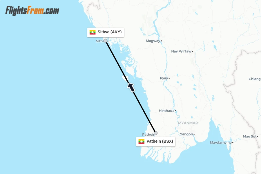 Flights from Pathein to Sittwe route map