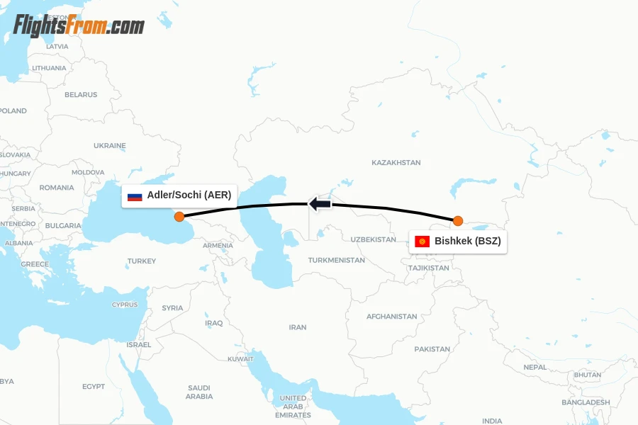 Flights from Bishkek to Adler/Sochi route map