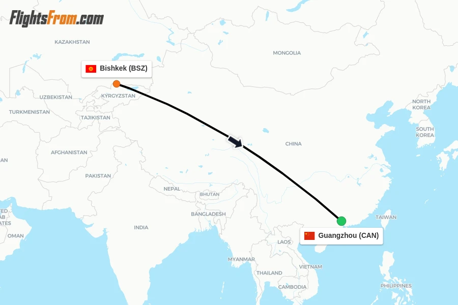 Flights from Bishkek to Guangzhou route map