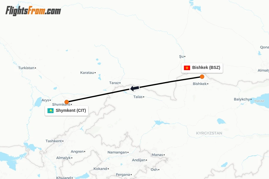 Flights from Bishkek to Shymkent route map
