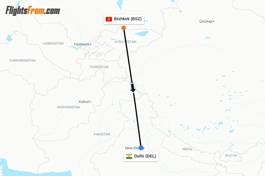 Flights from Bishkek to Delhi route map