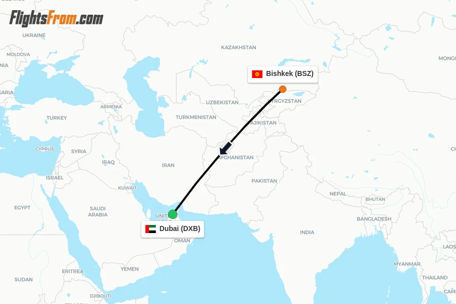 Flights from Bishkek to Dubai route map