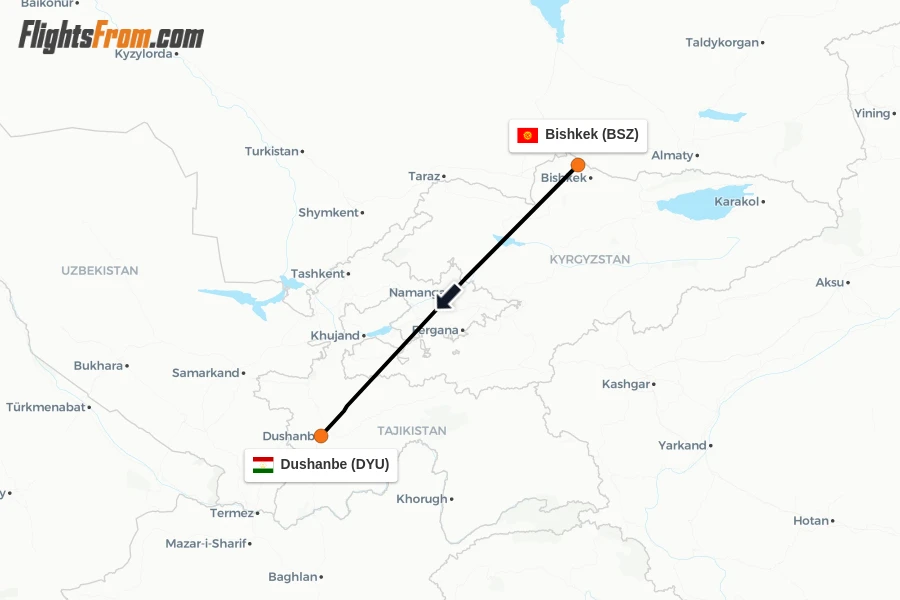 Flights from Bishkek to Dushanbe route map