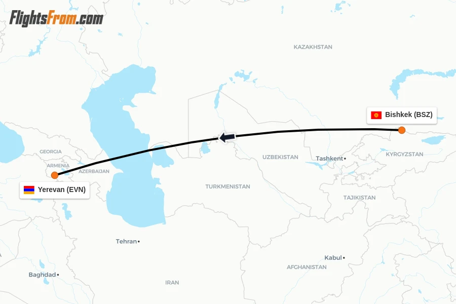 Flights from Bishkek to Yerevan route map