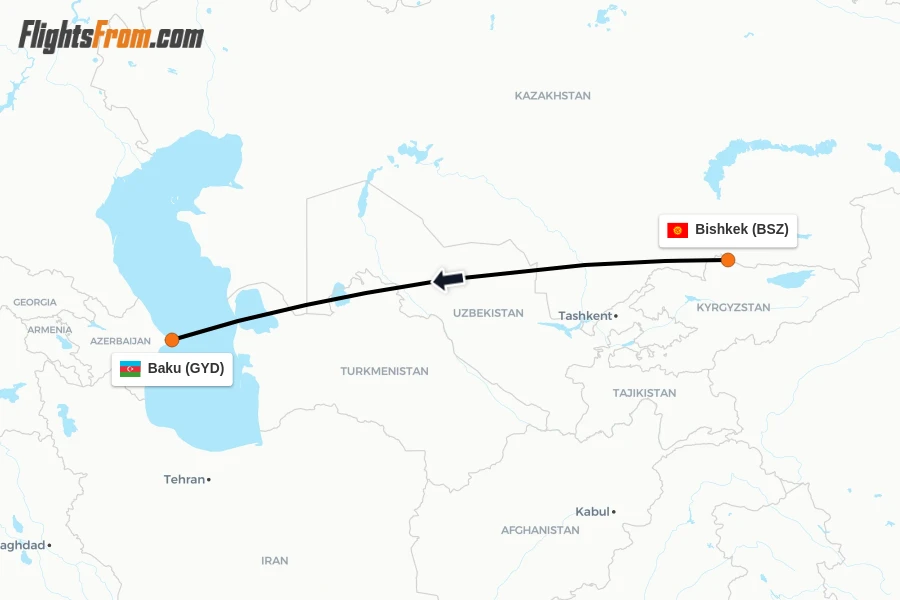 Flights from Bishkek to Baku route map