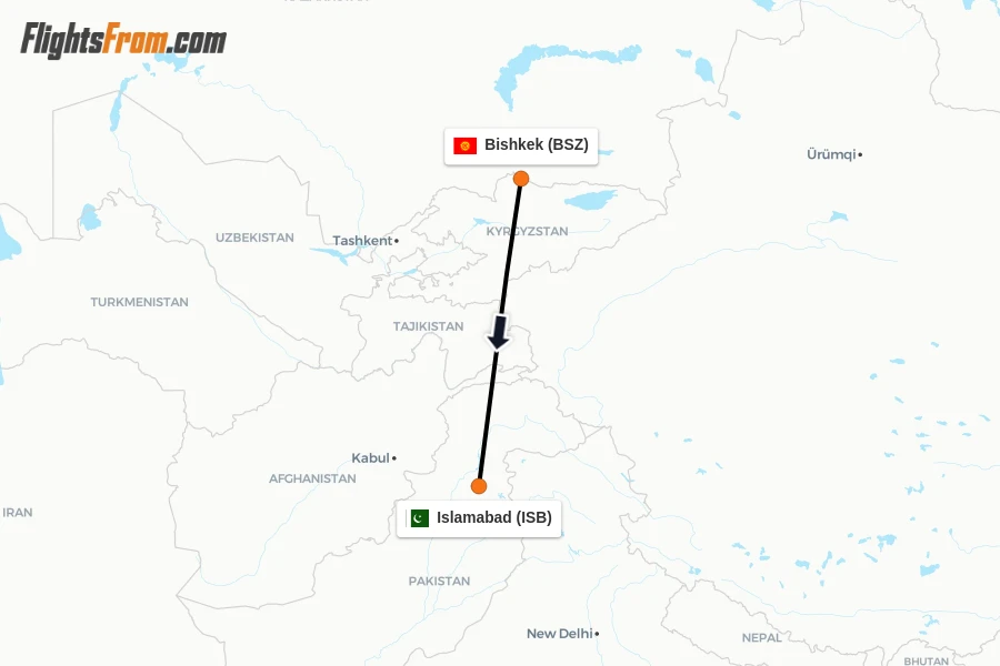Flights from Bishkek to Islamabad route map