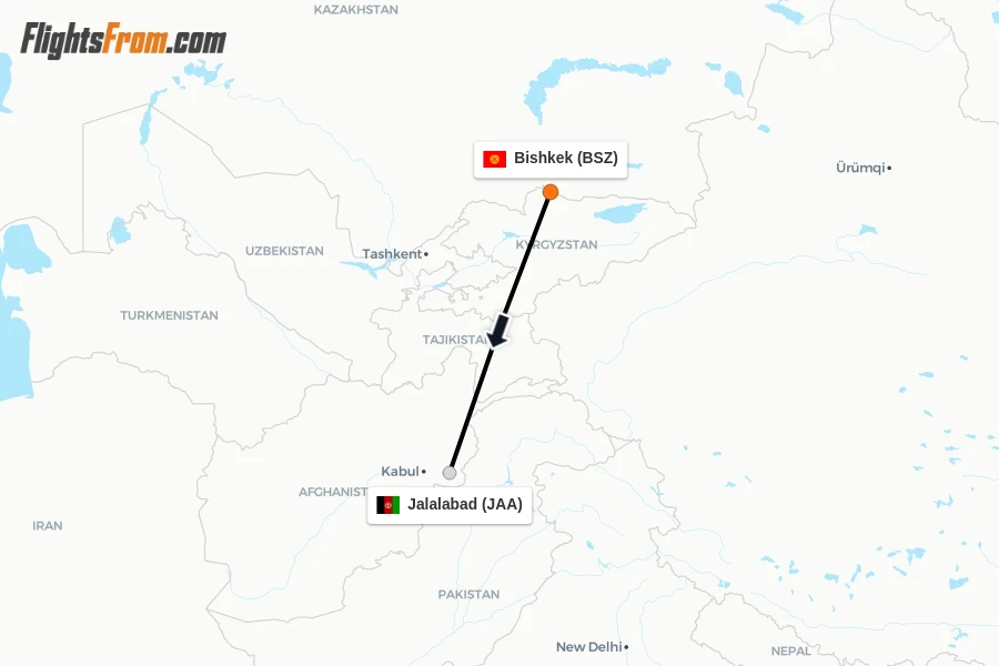 Flights from Bishkek to Jalalabad route map