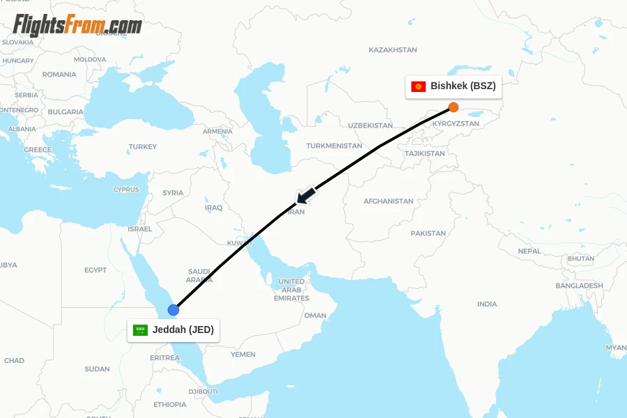 Flights from Bishkek to Jeddah route map