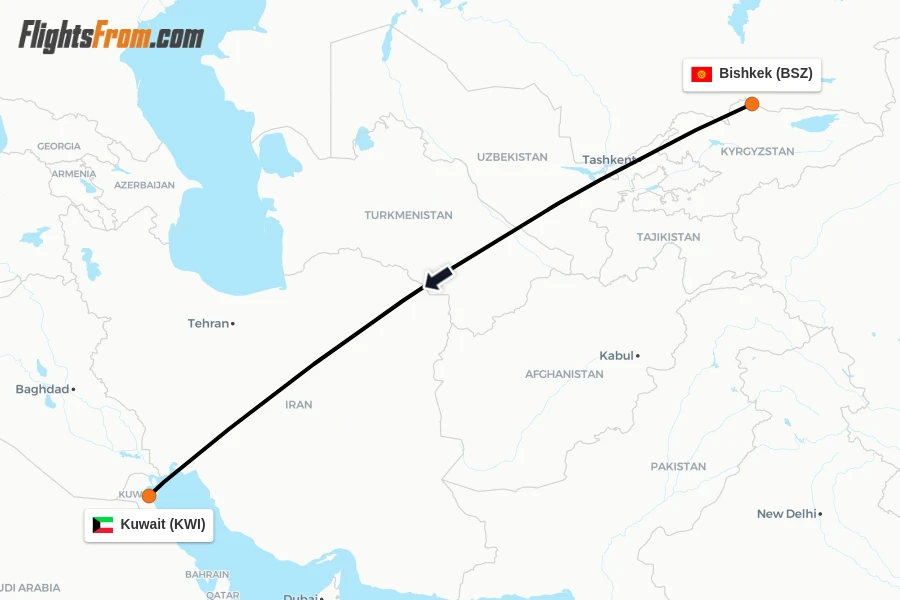 Flights from Bishkek to Kuwait route map