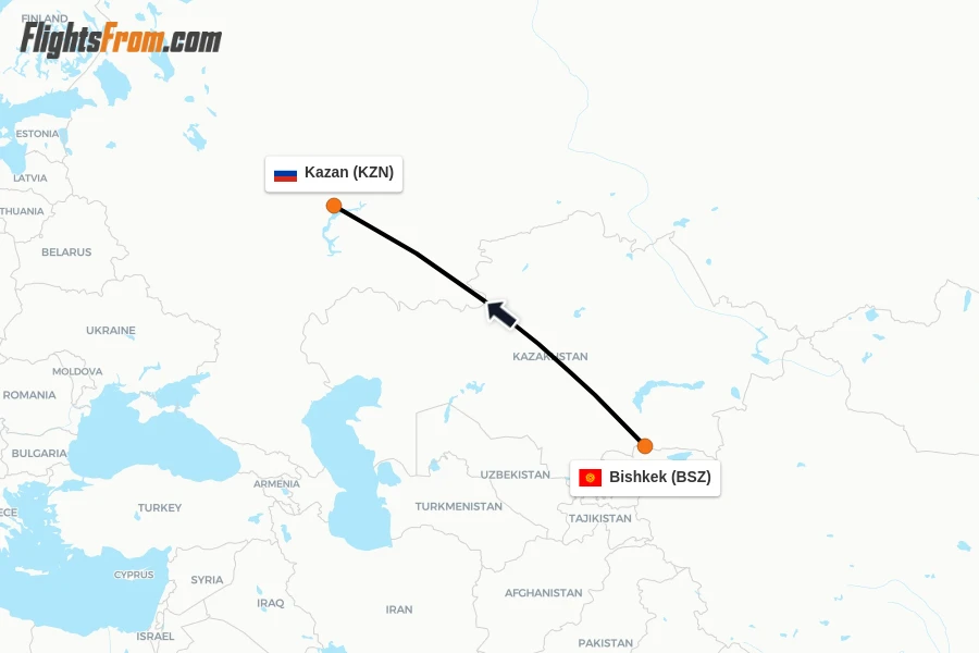 Flights from Bishkek to Kazan route map
