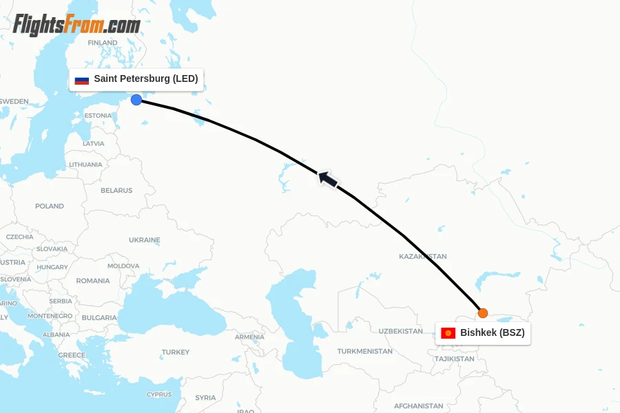 Flights from Bishkek to Saint Petersburg route map