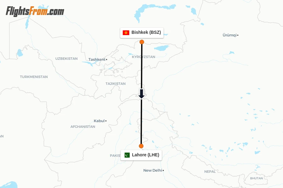 Flights from Bishkek to Lahore route map