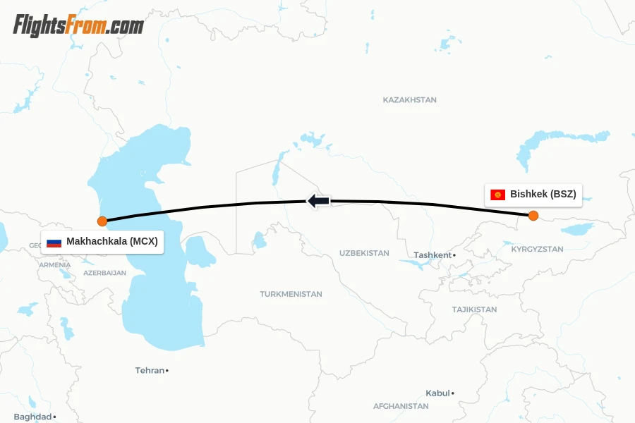 Flights from Bishkek to Makhachkala route map