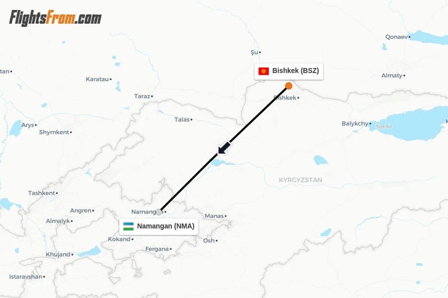 Flights from Bishkek to Namangan route map