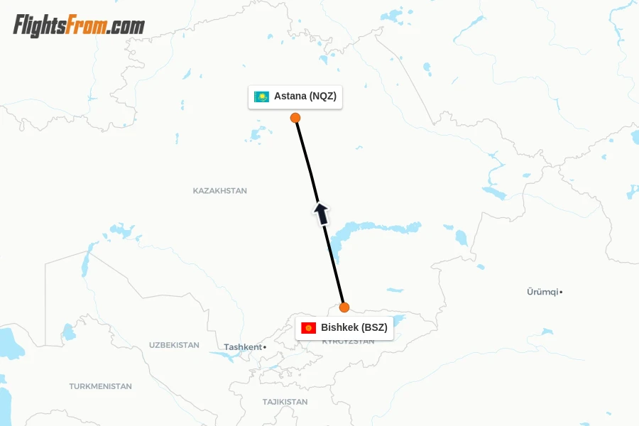 Flights from Bishkek to Astana route map