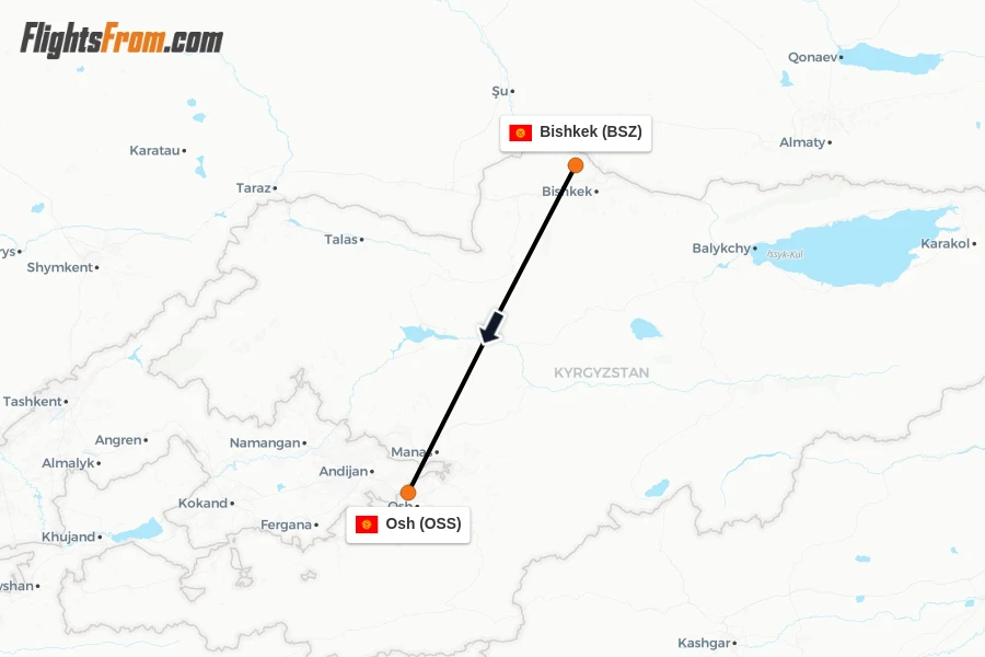 Flights from Bishkek to Osh route map