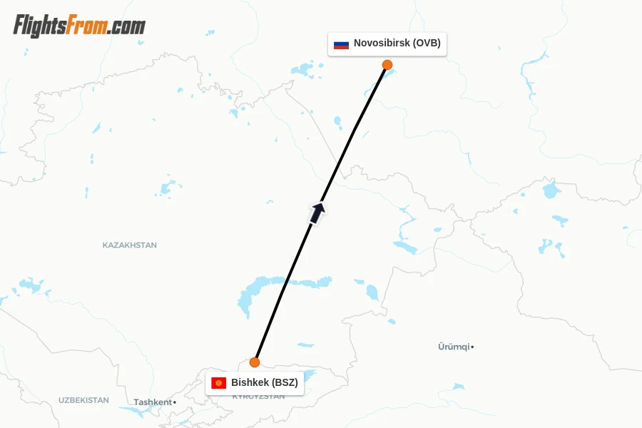 Flights from Bishkek to Novosibirsk route map