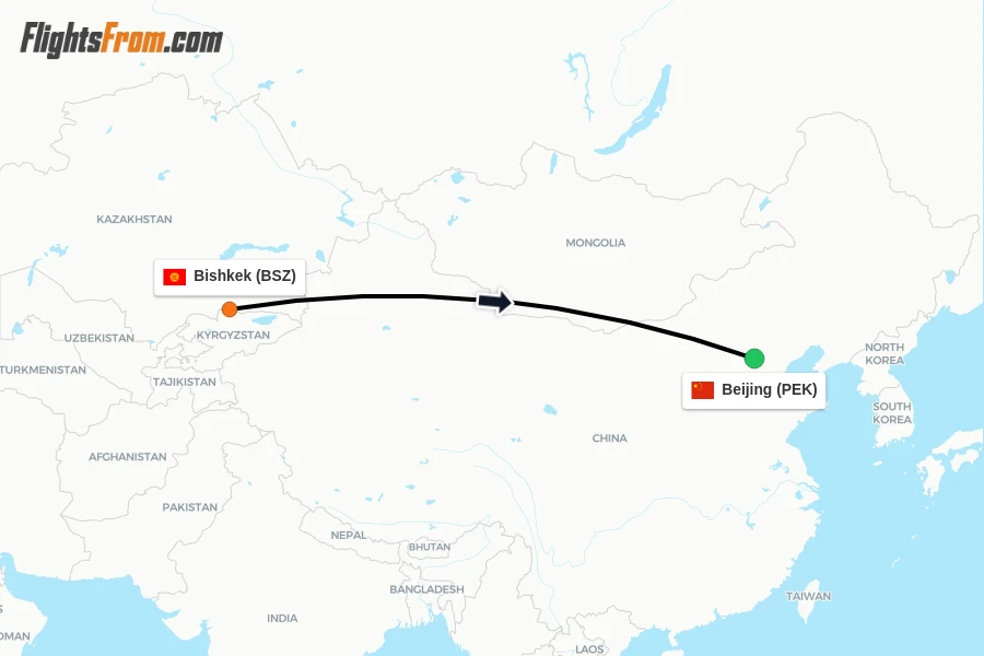Flights from Bishkek to Beijing route map