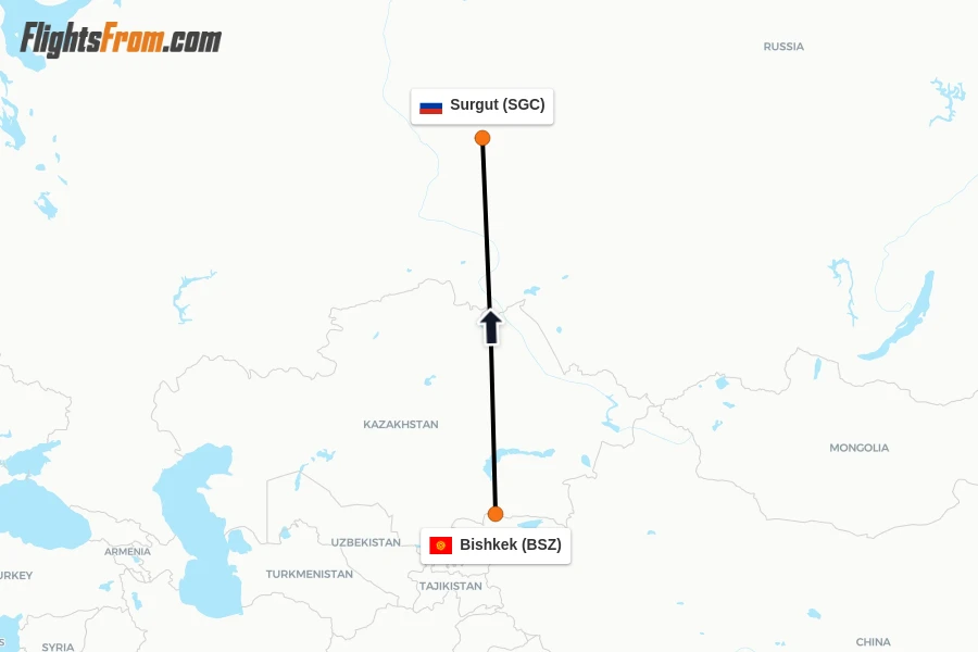 Flights from Bishkek to Surgut route map