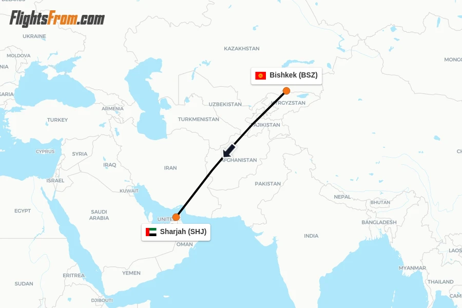 Flights from Bishkek to Sharjah route map