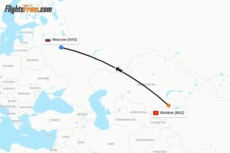 Flights from Bishkek to Moscow route map