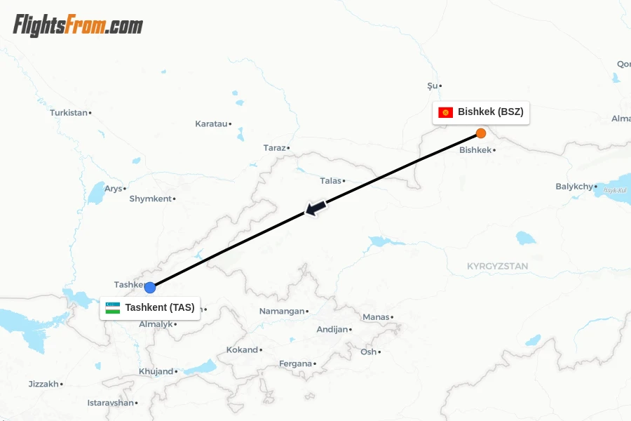 Flights from Bishkek to Tashkent route map