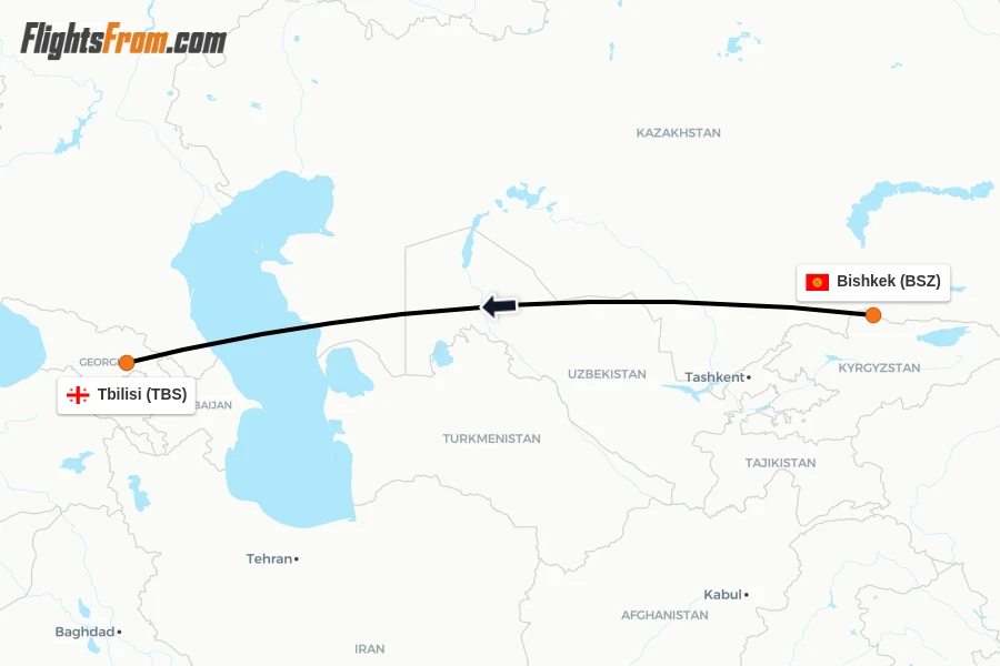 Flights from Bishkek to Tbilisi route map